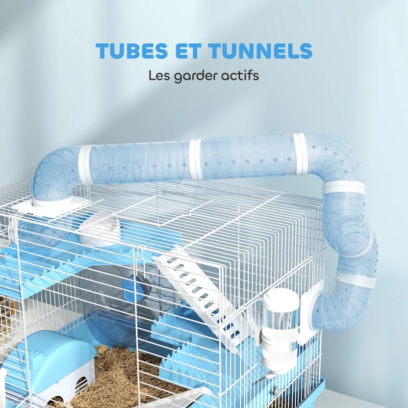 Cage pour hamster transportable 3 niveaux 47,5 x 31,5 x 29,5 cm avec roue et hutte moderne épuré en acier bleu clair 21_0008008