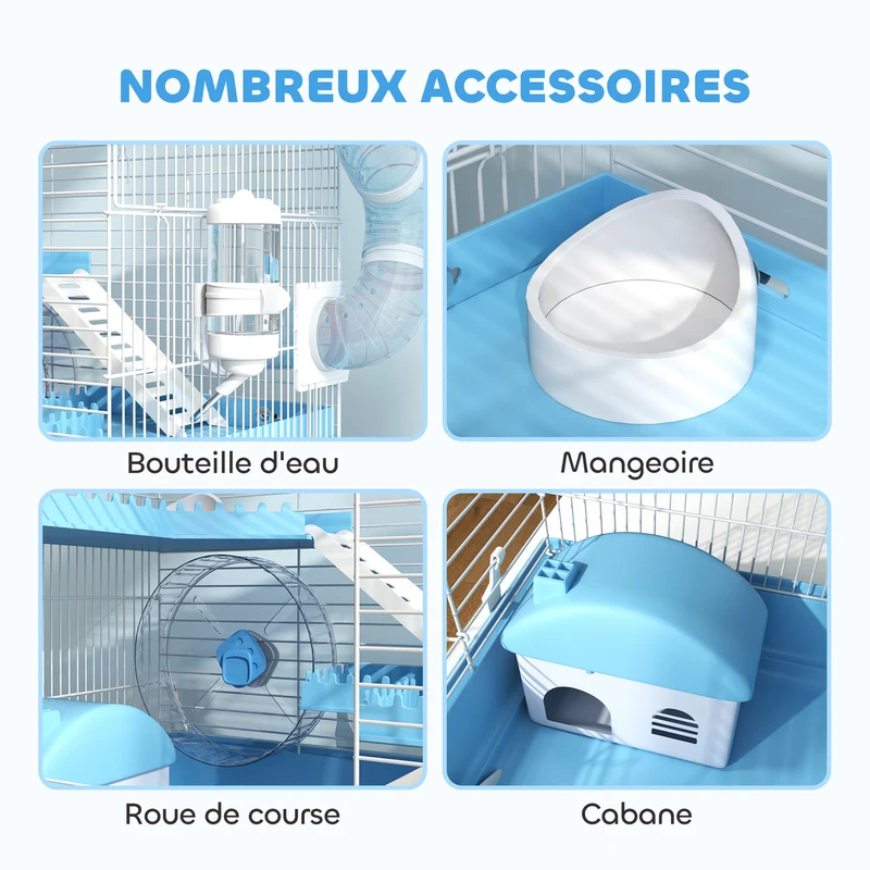 Cage pour hamster transportable 3 niveaux 47,5 x 31,5 x 29,5 cm avec roue et hutte moderne épuré en acier bleu clair 21_0008008