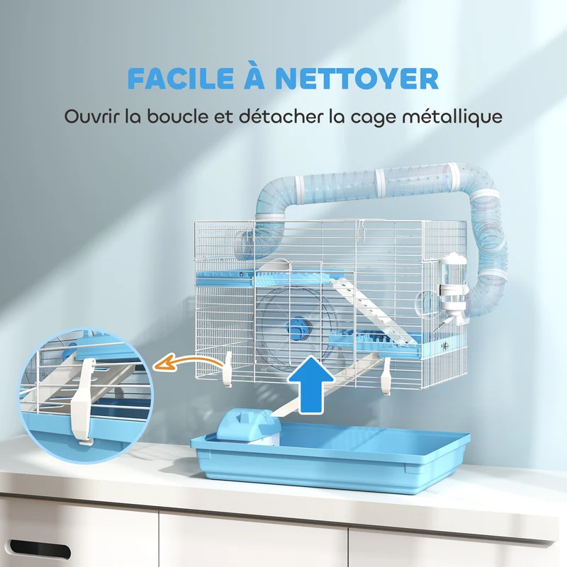 Cage pour hamster transportable 3 niveaux 47,5 x 31,5 x 29,5 cm avec roue et hutte moderne épuré en acier bleu clair 21_0008008