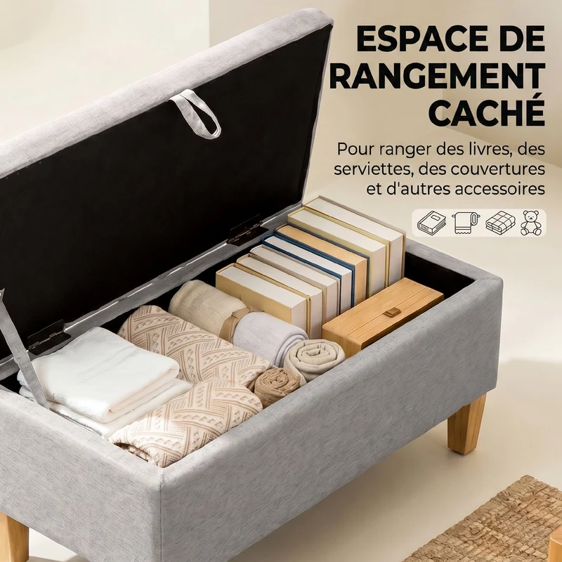 Banc de rangement coffre bout de lit 71 x 37 x 36 cm assise rembourrée rangement scandinave en polyester gris clair 21_0002864