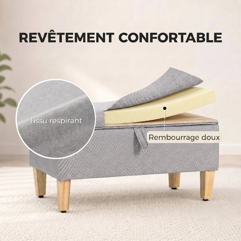 Banc de rangement coffre bout de lit 71 x 37 x 36 cm assise rembourrée rangement scandinave en polyester gris clair 21_0002864