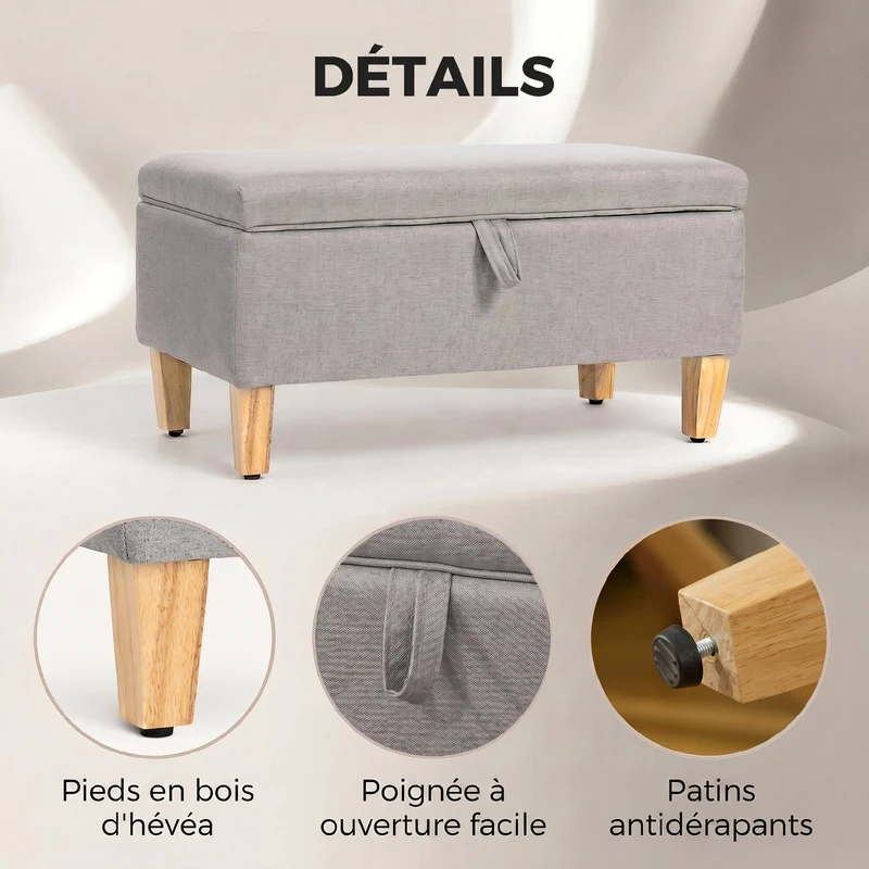 Banc de rangement coffre bout de lit 71 x 37 x 36 cm assise rembourrée rangement scandinave en polyester gris clair 21_0002864