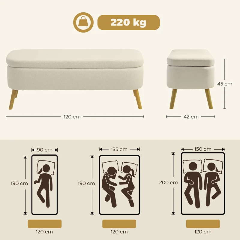 Banc de rangement bout de lit 120 x 42 x 45 cm rangement 65 l assise douillet pour chambre salon moderne en polaire beige 21_0002979