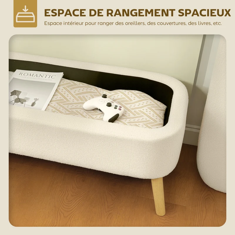 Banc de rangement bout de lit 120 x 42 x 45 cm rangement 65 l assise douillet pour chambre salon moderne en polaire beige 21_0002979