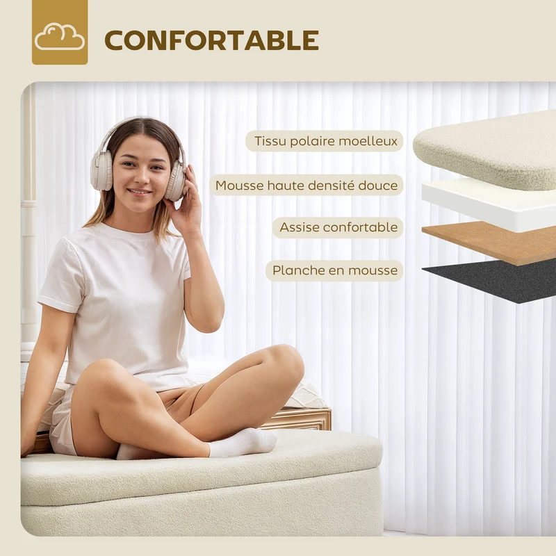 Banc de rangement bout de lit 120 x 42 x 45 cm rangement 65 l assise douillet pour chambre salon moderne en polaire beige 21_0002979