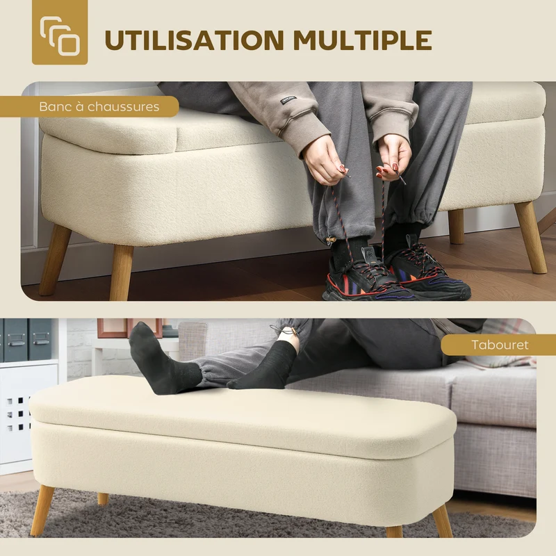 Banc de rangement bout de lit 120 x 42 x 45 cm rangement 65 l assise douillet pour chambre salon moderne en polaire beige 21_0002979