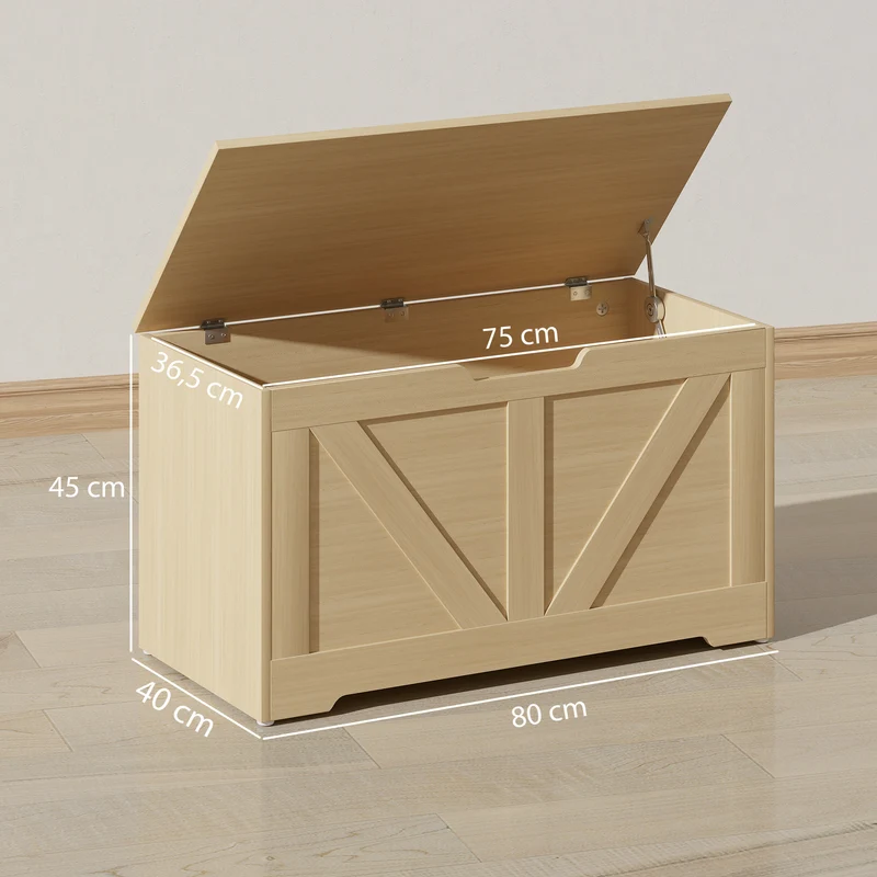 Banc de rangement 80 x 40 x 45 cm charnière de sécurité supporte 136 kg rustique en panneaux de particules bois naturel 21_0002945