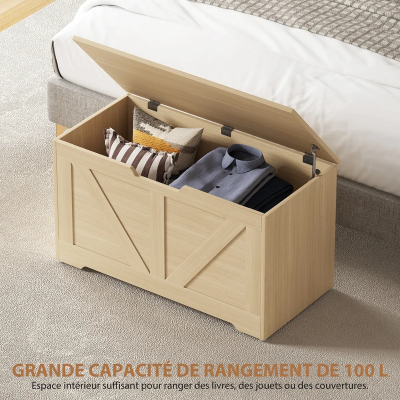 Banc de rangement 80 x 40 x 45 cm charnière de sécurité supporte 136 kg rustique en panneaux de particules bois naturel 21_0002945