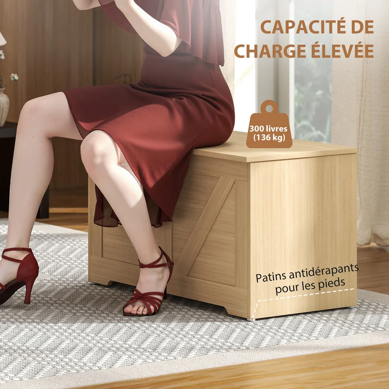 Banc de rangement 80 x 40 x 45 cm charnière de sécurité supporte 136 kg rustique en panneaux de particules bois naturel 21_0002945