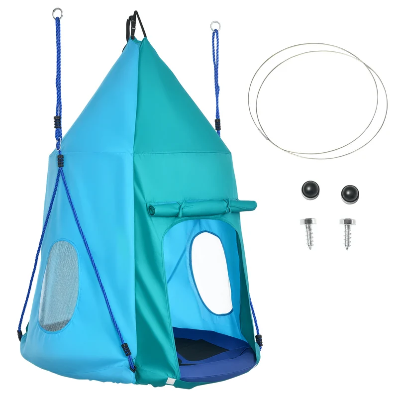 Balançoire nid d'oiseau tente amovible 100 x 150 cm capacité 150 kg pour 1-2 enfants jardin moderne en polyester bleu 21_0000366