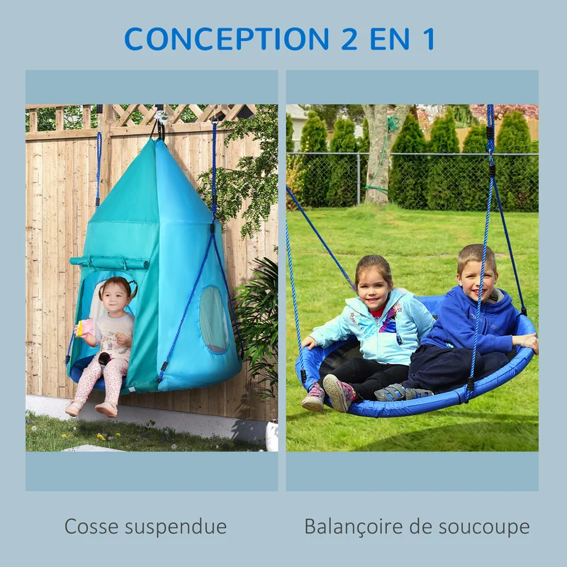 Balançoire nid d'oiseau tente amovible 100 x 150 cm capacité 150 kg pour 1-2 enfants jardin moderne en polyester bleu 21_0000366