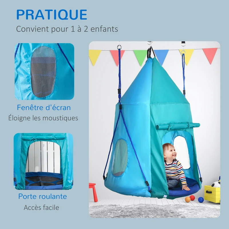 Balançoire nid d'oiseau tente amovible 100 x 150 cm capacité 150 kg pour 1-2 enfants jardin moderne en polyester bleu 21_0000366