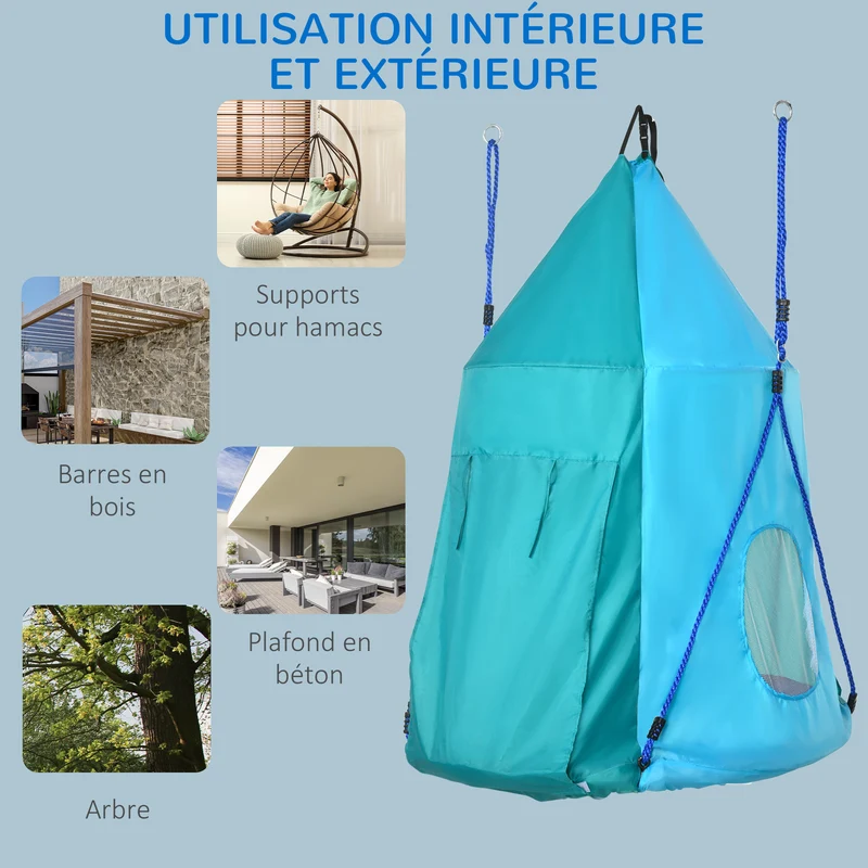 Balançoire nid d'oiseau tente amovible 100 x 150 cm capacité 150 kg pour 1-2 enfants jardin moderne en polyester bleu 21_0000366