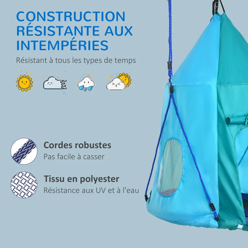 Balançoire nid d'oiseau tente amovible 100 x 150 cm capacité 150 kg pour 1-2 enfants jardin moderne en polyester bleu 21_0000366