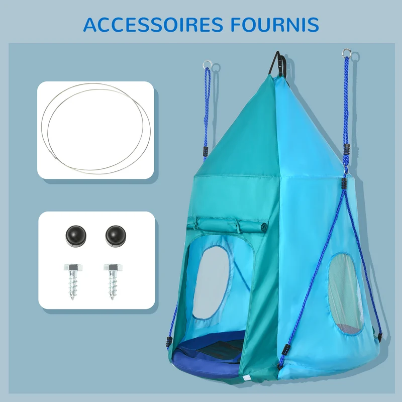 Balançoire nid d'oiseau tente amovible 100 x 150 cm capacité 150 kg pour 1-2 enfants jardin moderne en polyester bleu 21_0000366
