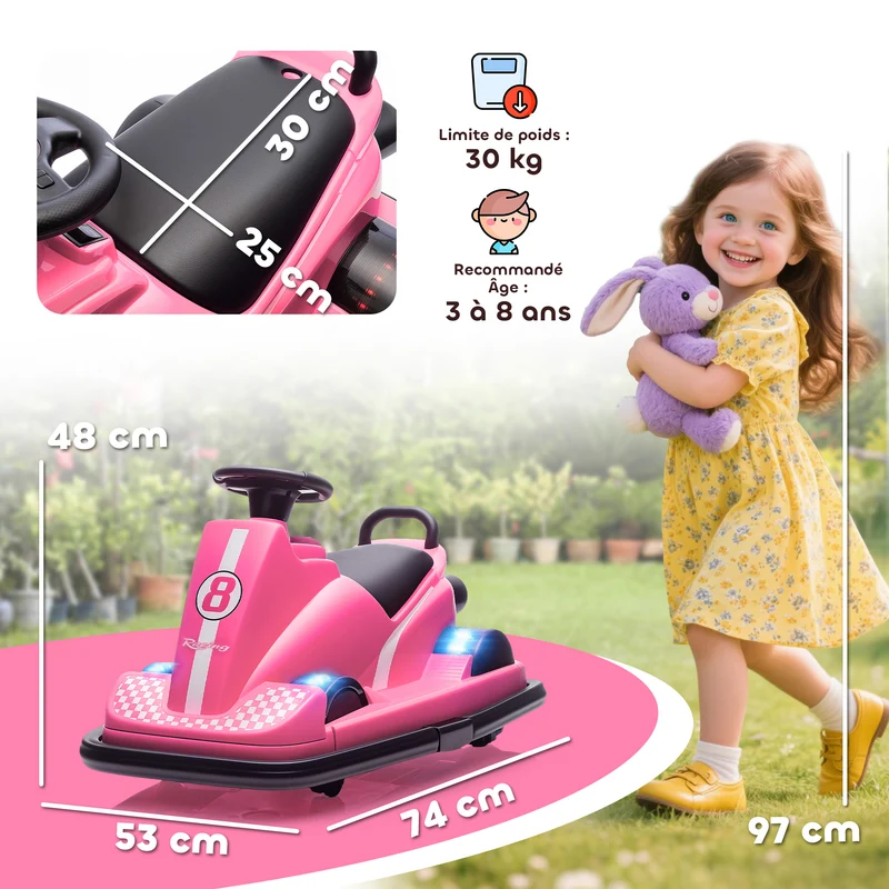 Auto tamponneuse enfant salon jardin 74 x 53 x 48 cm pare chocs démarrage doux musique klaxon design en plastique rose 21_0000636