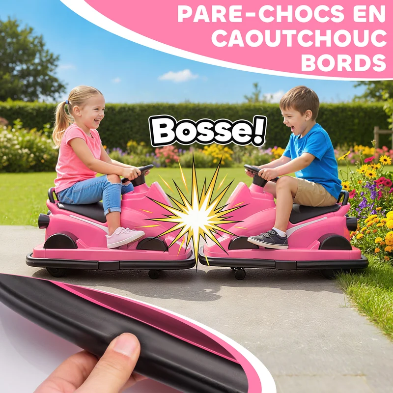 Auto tamponneuse enfant salon jardin 74 x 53 x 48 cm pare chocs démarrage doux musique klaxon design en plastique rose 21_0000636