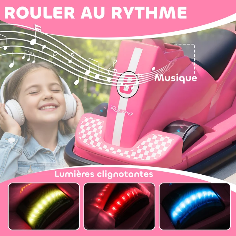Auto tamponneuse enfant salon jardin 74 x 53 x 48 cm pare chocs démarrage doux musique klaxon design en plastique rose 21_0000636