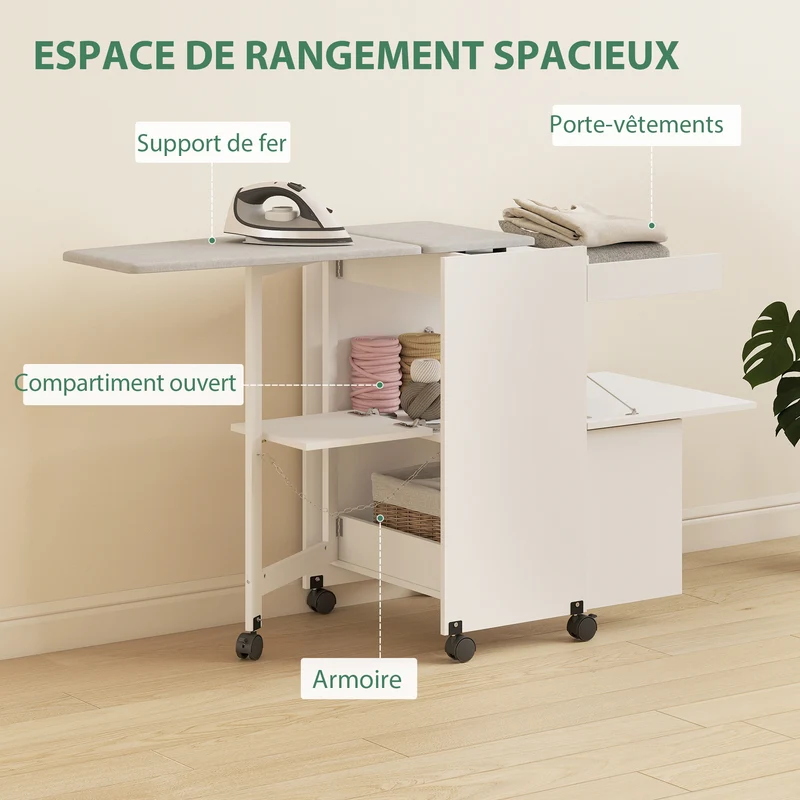 Armoire à repasser compacte pliable 154 x 55 x 87 cm rangement intégré roulettes style contemporain cosy en MDF blanc 21_0003783