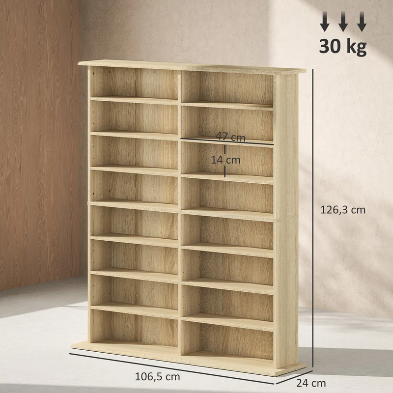 Étagère de rangement pour cd et dvd 106 x 24 x 126 cm capacité 720 cd moderne en panneau de particules bois naturel 21_0002515