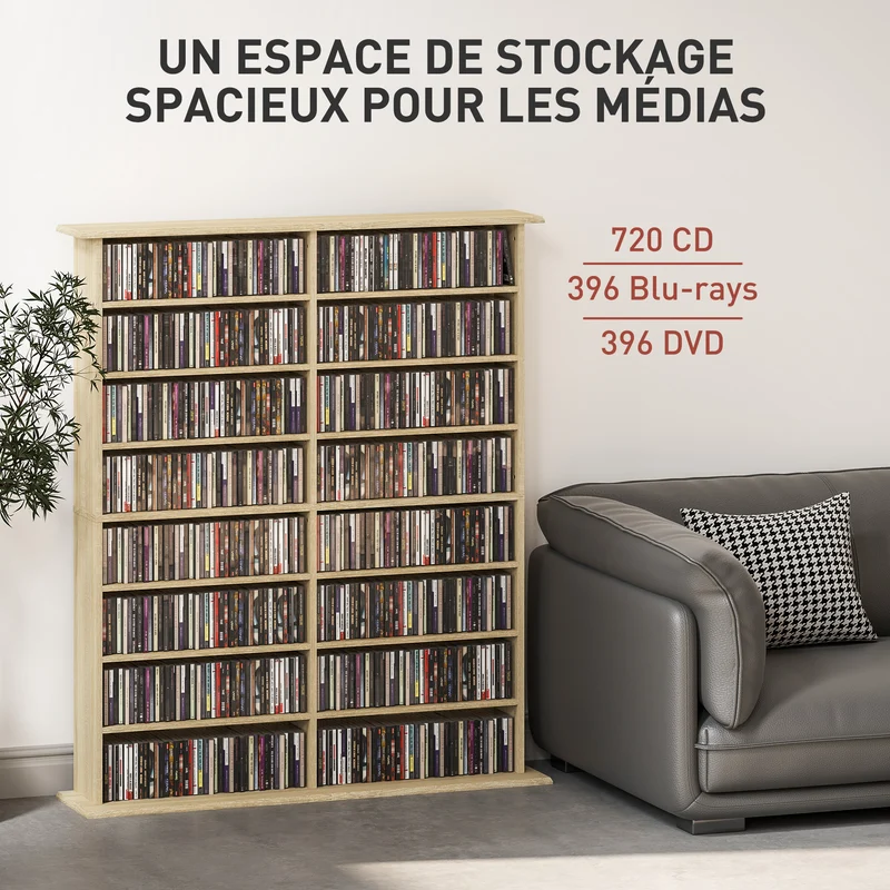 Étagère de rangement pour cd et dvd 106 x 24 x 126 cm capacité 720 cd moderne en panneau de particules bois naturel 21_0002515