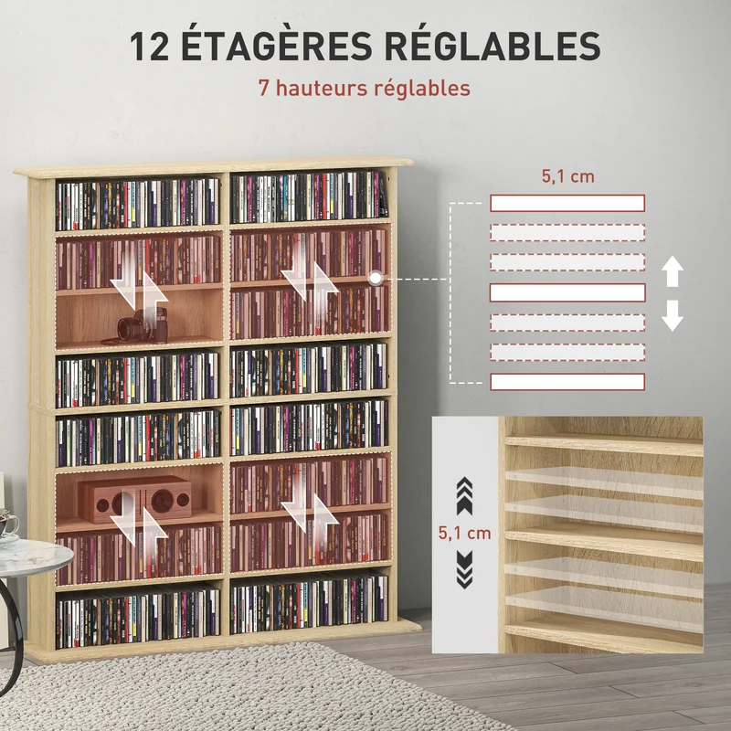 Étagère de rangement pour cd et dvd 106 x 24 x 126 cm capacité 720 cd moderne en panneau de particules bois naturel 21_0002515