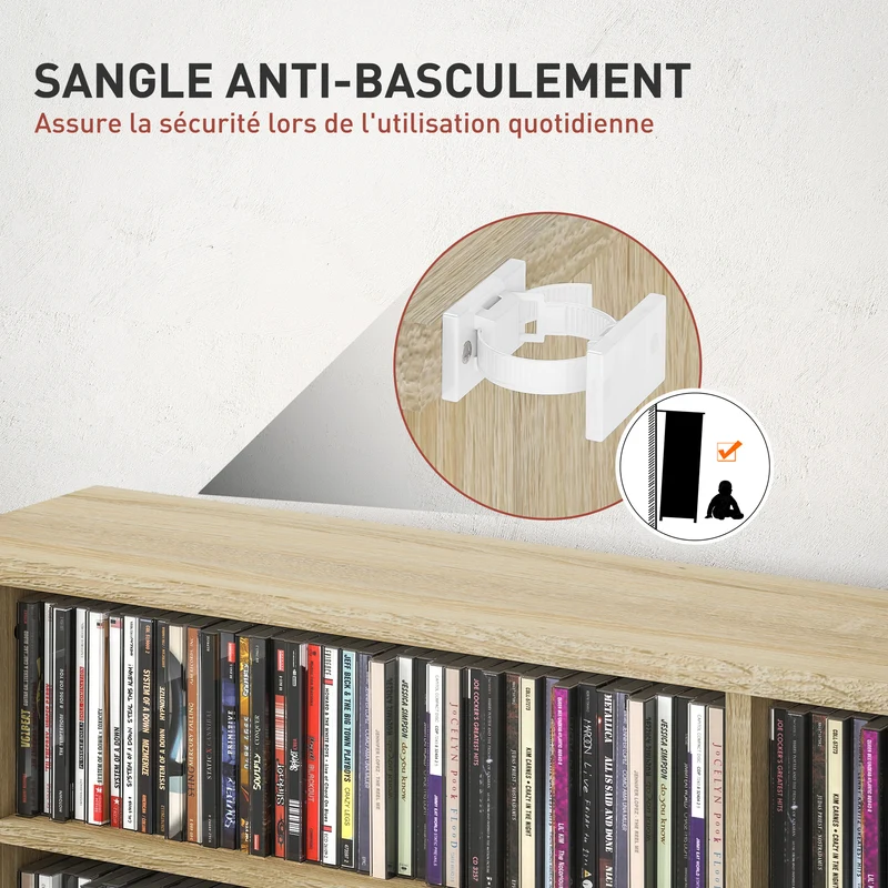 Étagère de rangement pour cd et dvd 106 x 24 x 126 cm capacité 720 cd moderne en panneau de particules bois naturel 21_0002515