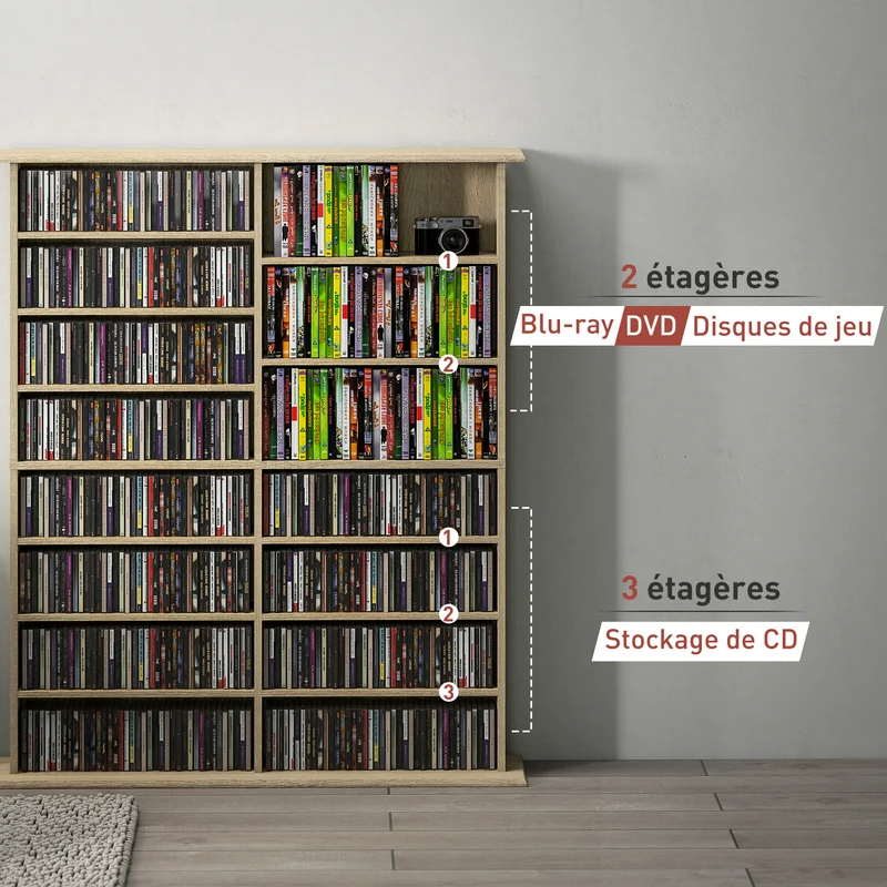 Étagère de rangement pour cd et dvd 106 x 24 x 126 cm capacité 720 cd moderne en panneau de particules bois naturel 21_0002515
