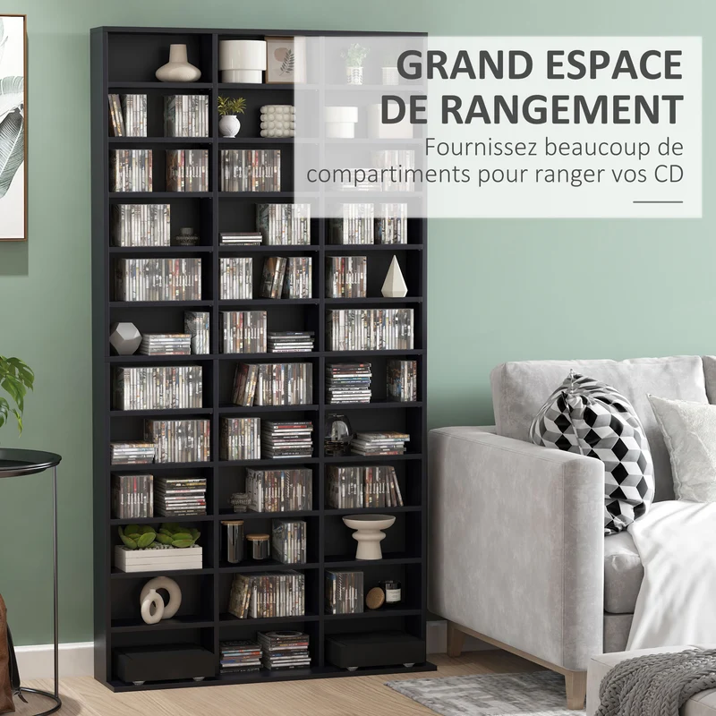 Étagère de rangement pour cd et dvd 102 x 23,5 x 195 cm grande capacité tablettes réglables contemporain en MDF noir 21_0002377