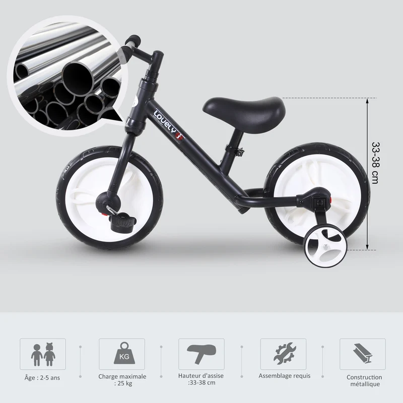 Vélo draisienne enfant 2 en 1 apprentissage équilibre 85 x 36 x 54 cm selle réglable 33-38 cm moderne épuré en acier noir 21_0000450
