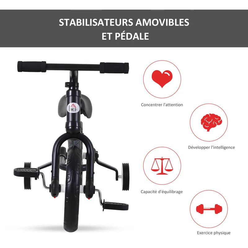 Vélo draisienne enfant 2 en 1 apprentissage équilibre 85 x 36 x 54 cm selle réglable 33-38 cm moderne épuré en acier noir 21_0000450