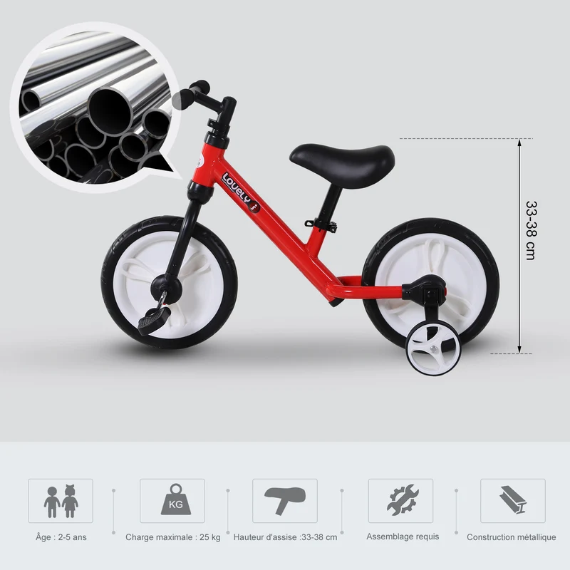Vélo draisienne 2 en 1 enfant 85 x 36 x 54 cm selle réglable 33-38 cm pneus mousse eva moderne design en acier rouge 21_0000451