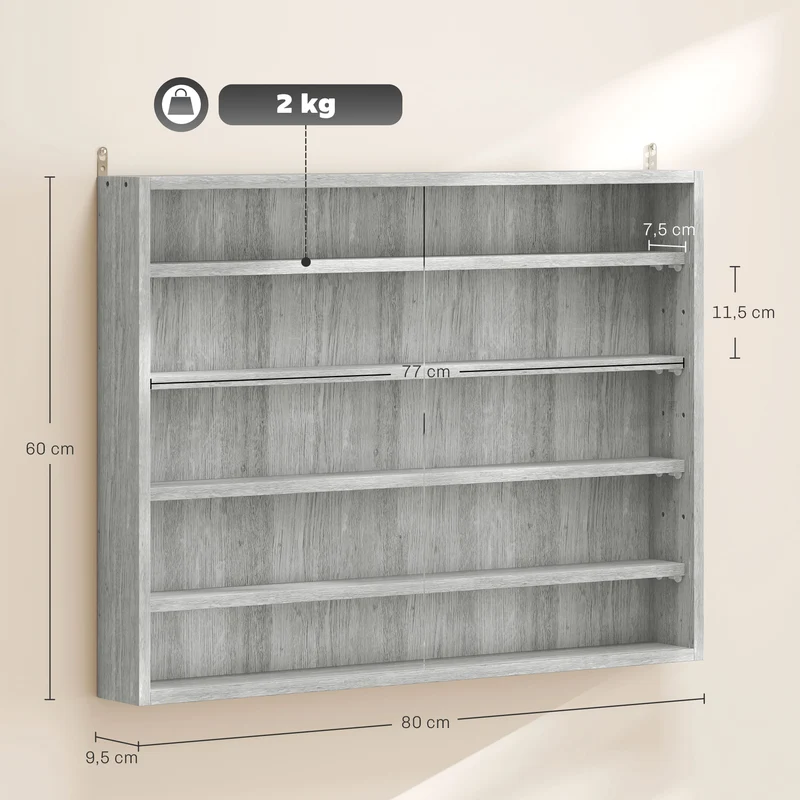 Vitrine murale collection 80 x 9,5 x 60 cm étagères réglables portes coulissantes moderne en panneau de particules gris 21_0001778