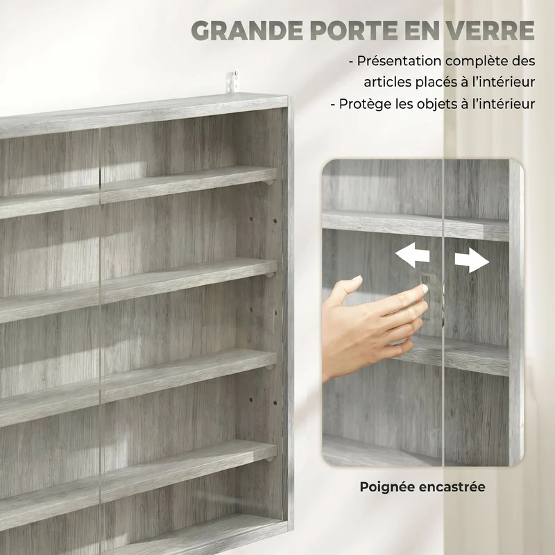 Vitrine murale collection 80 x 9,5 x 60 cm étagères réglables portes coulissantes moderne en panneau de particules gris 21_0001778