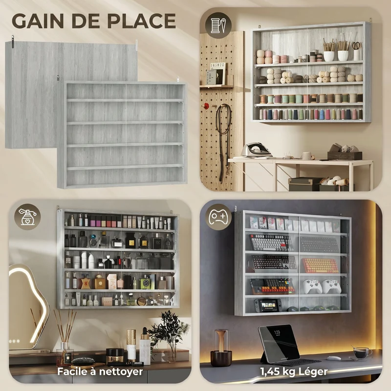 Vitrine murale collection 80 x 9,5 x 60 cm étagères réglables portes coulissantes moderne en panneau de particules gris 21_0001778