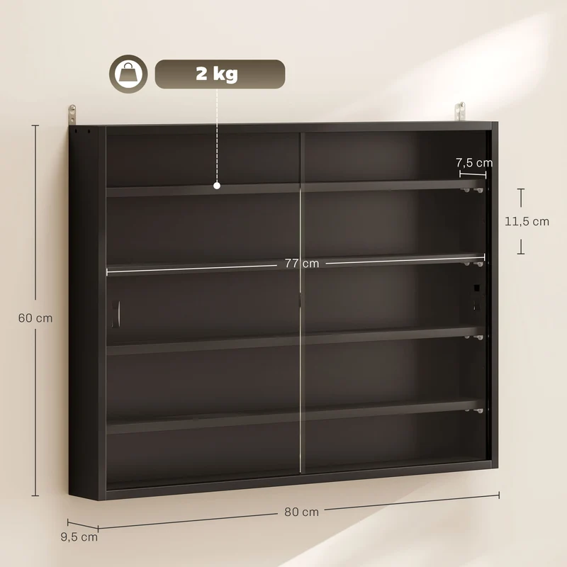 Vitrine murale 80 x 9.5 x 60 cm étagères réglables design contemporain anti poussière en panneau de particules noir 21_0001776