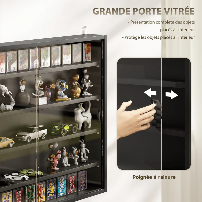 Vitrine murale 80 x 9.5 x 60 cm étagères réglables design contemporain anti poussière en panneau de particules noir 21_0001776
