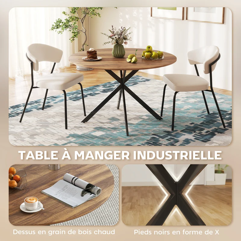 Table à manger ronde 120 x 75 cm pour 4 personnes stable patins réglables style industriel contemporain en bois marron 21_0003321