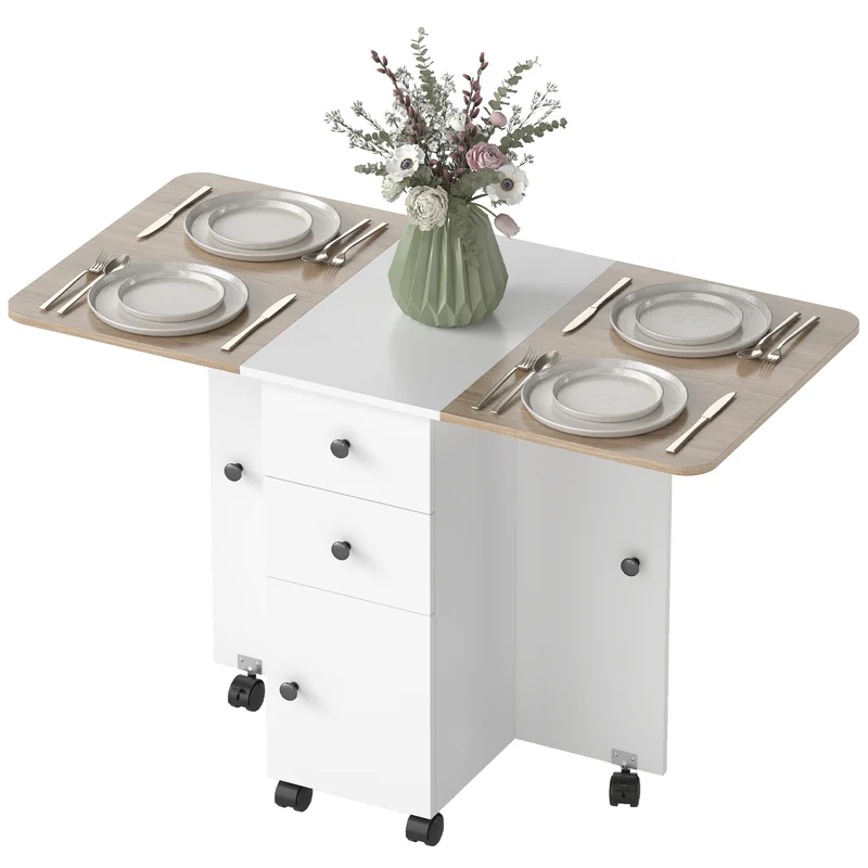 Table repas pliante compacte 120 x 60 x 76 cm 2 plateaux tiroirs placard moderne épuré en panneau de particules blanc 21_0002281