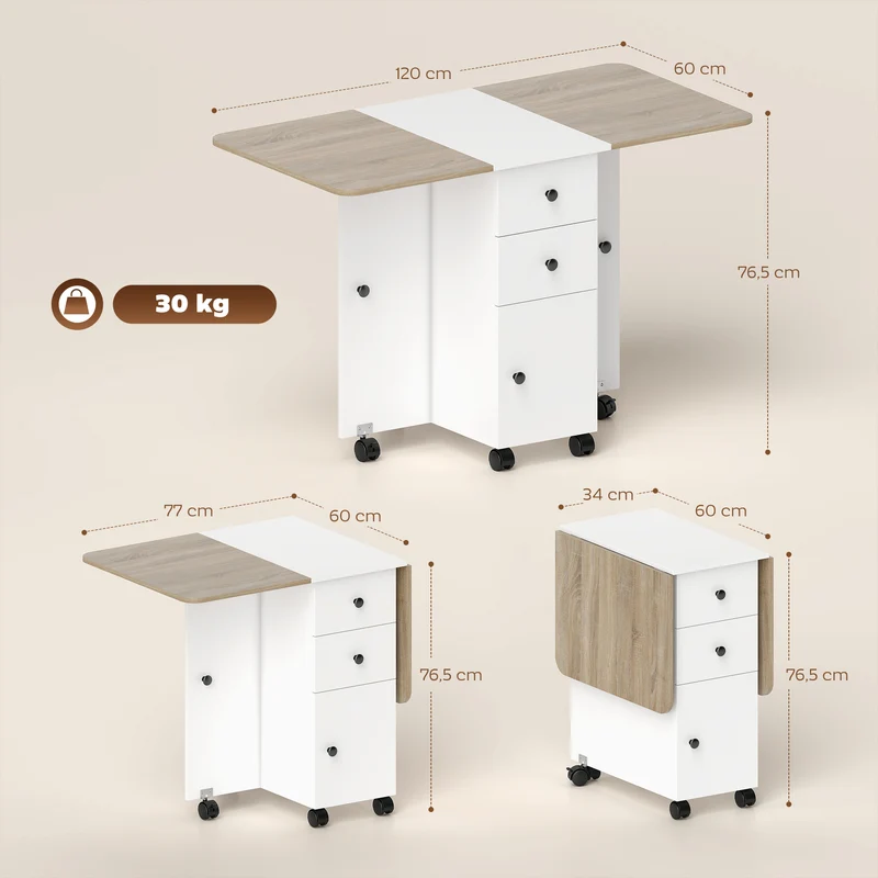 Table repas pliante compacte 120 x 60 x 76 cm 2 plateaux tiroirs placard moderne épuré en panneau de particules blanc 21_0002281