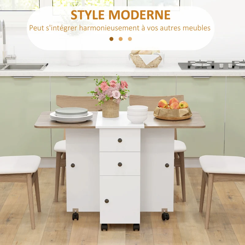 Table repas pliante compacte 120 x 60 x 76 cm 2 plateaux tiroirs placard moderne épuré en panneau de particules blanc 21_0002281