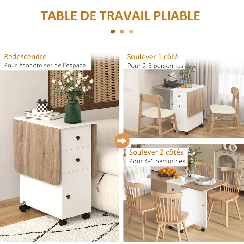 Table repas pliante compacte 120 x 60 x 76 cm 2 plateaux tiroirs placard moderne épuré en panneau de particules blanc 21_0002281