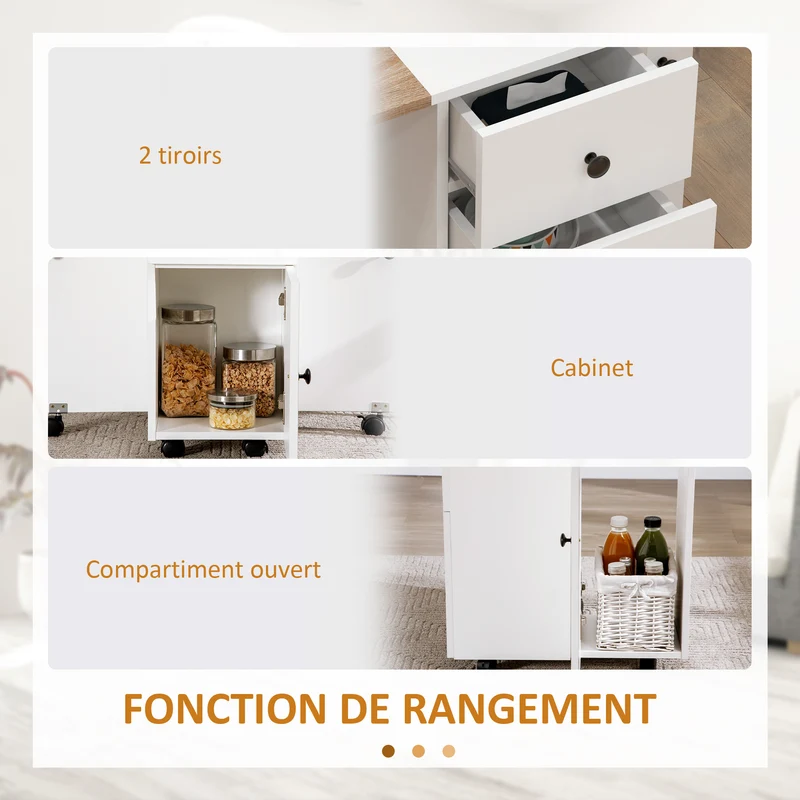 Table repas pliante compacte 120 x 60 x 76 cm 2 plateaux tiroirs placard moderne épuré en panneau de particules blanc 21_0002281