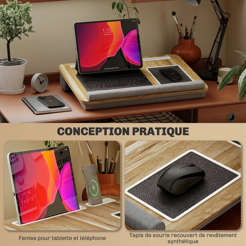 Support ordinateur portable lit 55,5 x 37 x 9 cm fente tablette téléphone repose-poignet confortable moderne en MDF chêne 21_0006369
