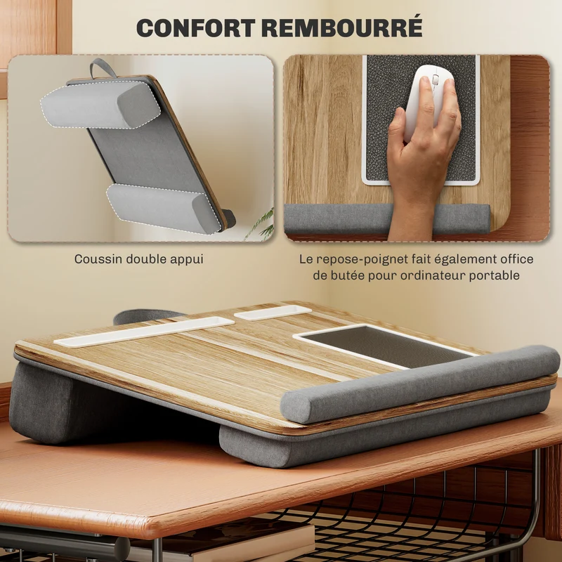 Support ordinateur portable lit 55,5 x 37 x 9 cm fente tablette téléphone repose-poignet confortable moderne en MDF chêne 21_0006369