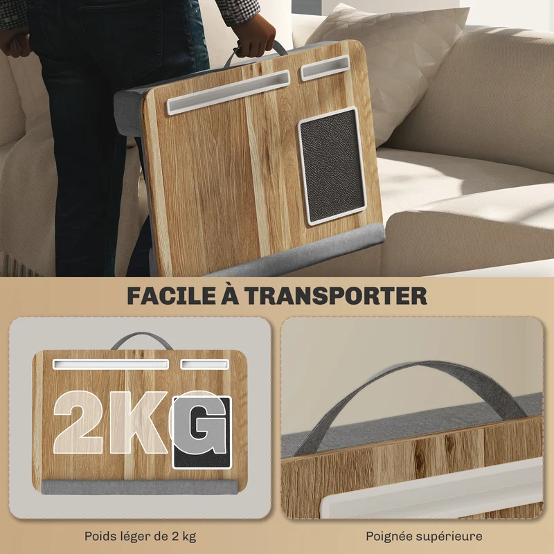 Support ordinateur portable lit 55,5 x 37 x 9 cm fente tablette téléphone repose-poignet confortable moderne en MDF chêne 21_0006369