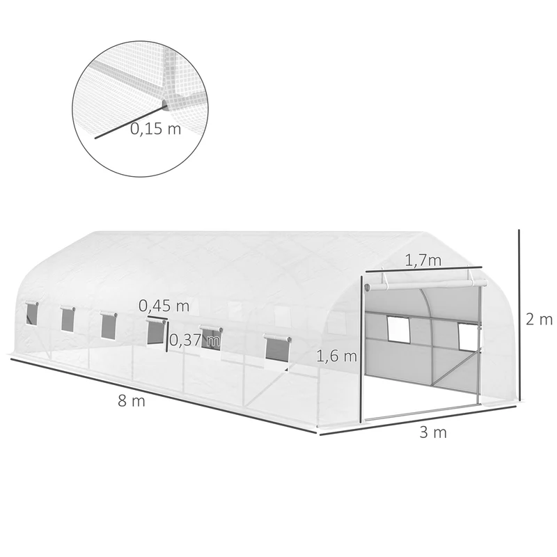 Serre tunnel de jardin 800 x 300 x 200 cm porte roulante ventilation optimale design contemporain en polyéthylène blanc 21_0004024