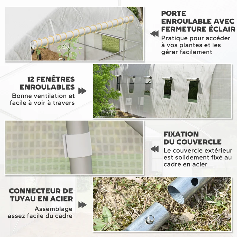 Serre tunnel de jardin 800 x 300 x 200 cm porte roulante ventilation optimale design contemporain en polyéthylène blanc 21_0004024