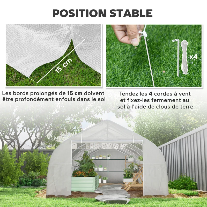 Serre tunnel de jardin 800 x 300 x 200 cm porte roulante ventilation optimale design contemporain en polyéthylène blanc 21_0004024