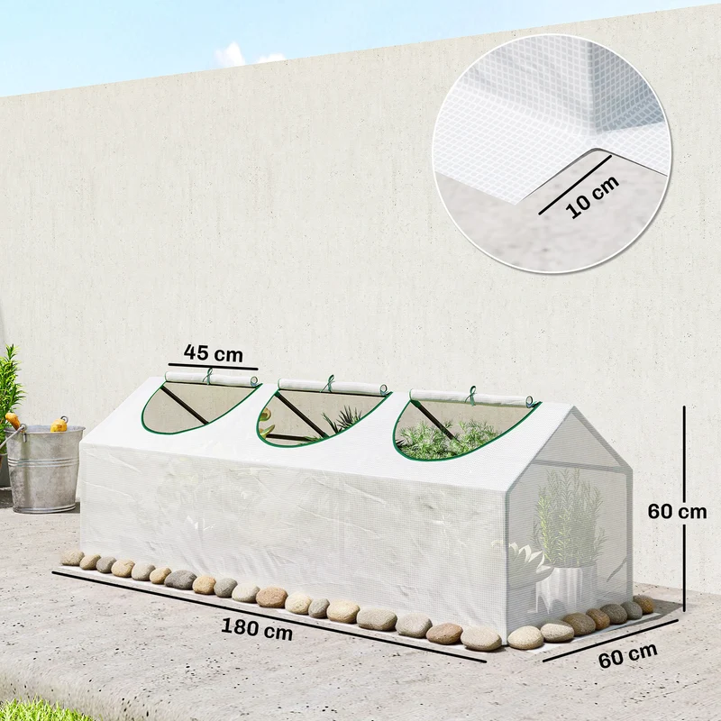 Serre de jardin compacte pour balcon 180 x 60 x 60 cm fenêtres enroulables stabilité accrue moderne en plastique blanc 21_0004157